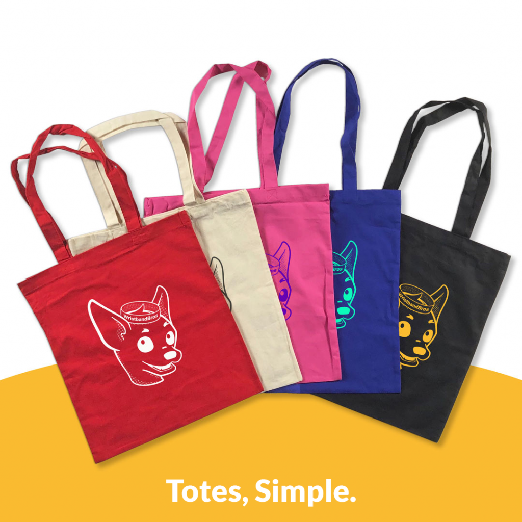 The Light Cotton Tote shown in multiple colors with a Wristband Bros logo screen print.