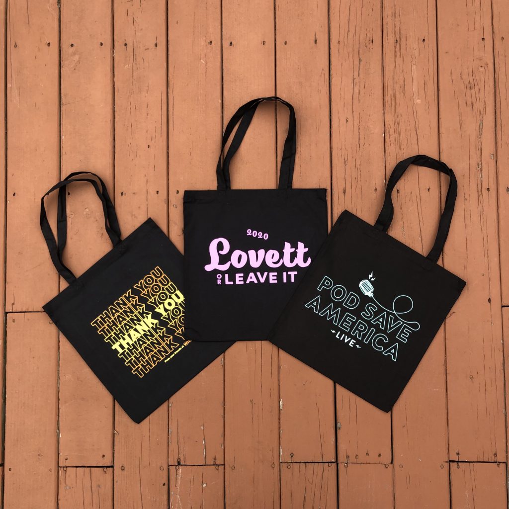 3 custom screen printed tote bags in black