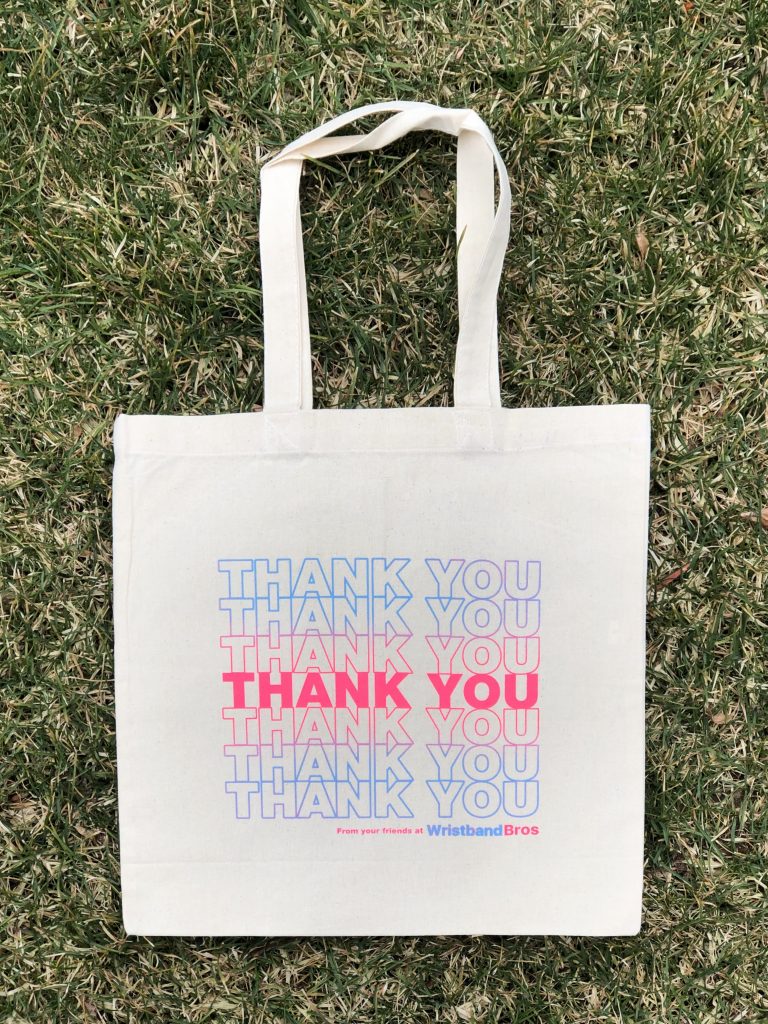 Wristband Bros Thank You screen printed tote bag in natural